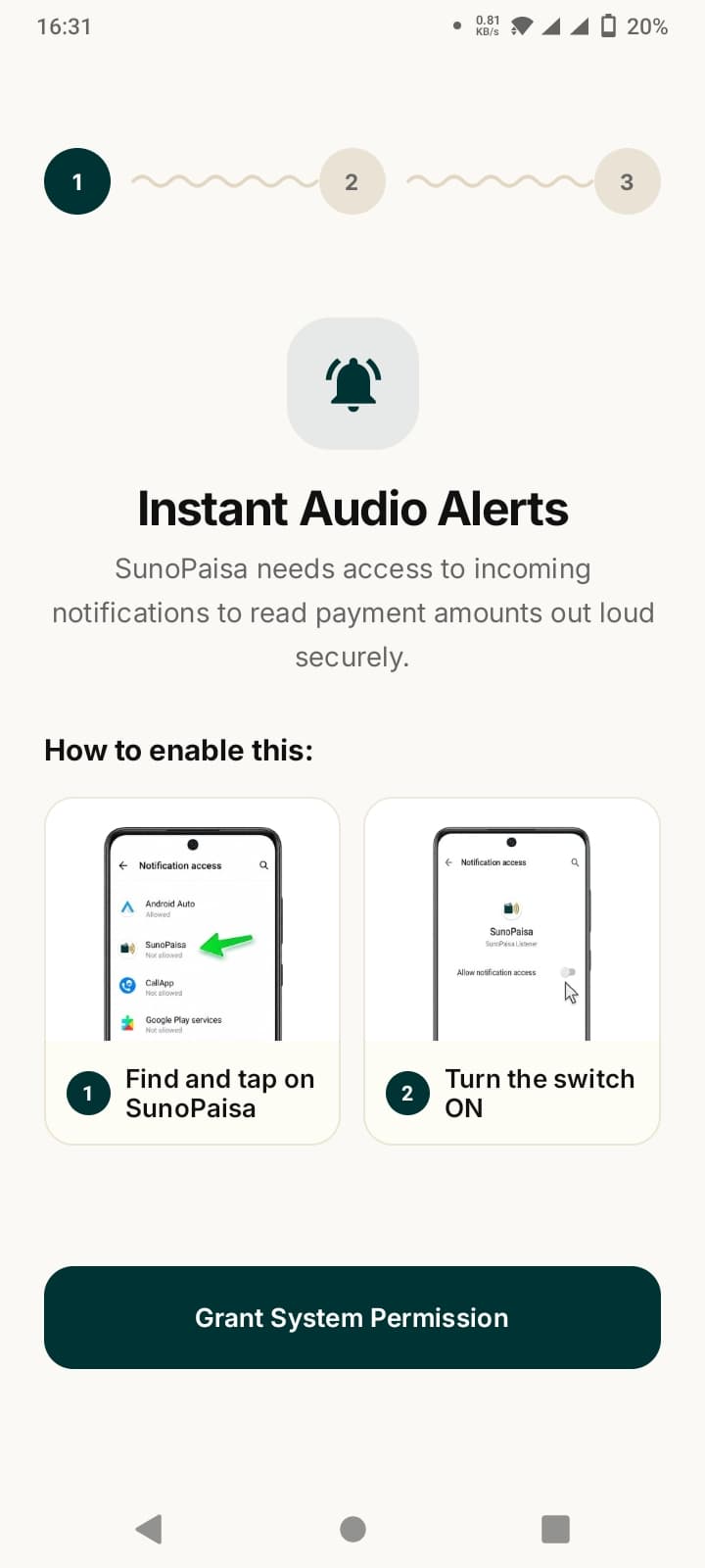 Actual Android screen: Allow notification access